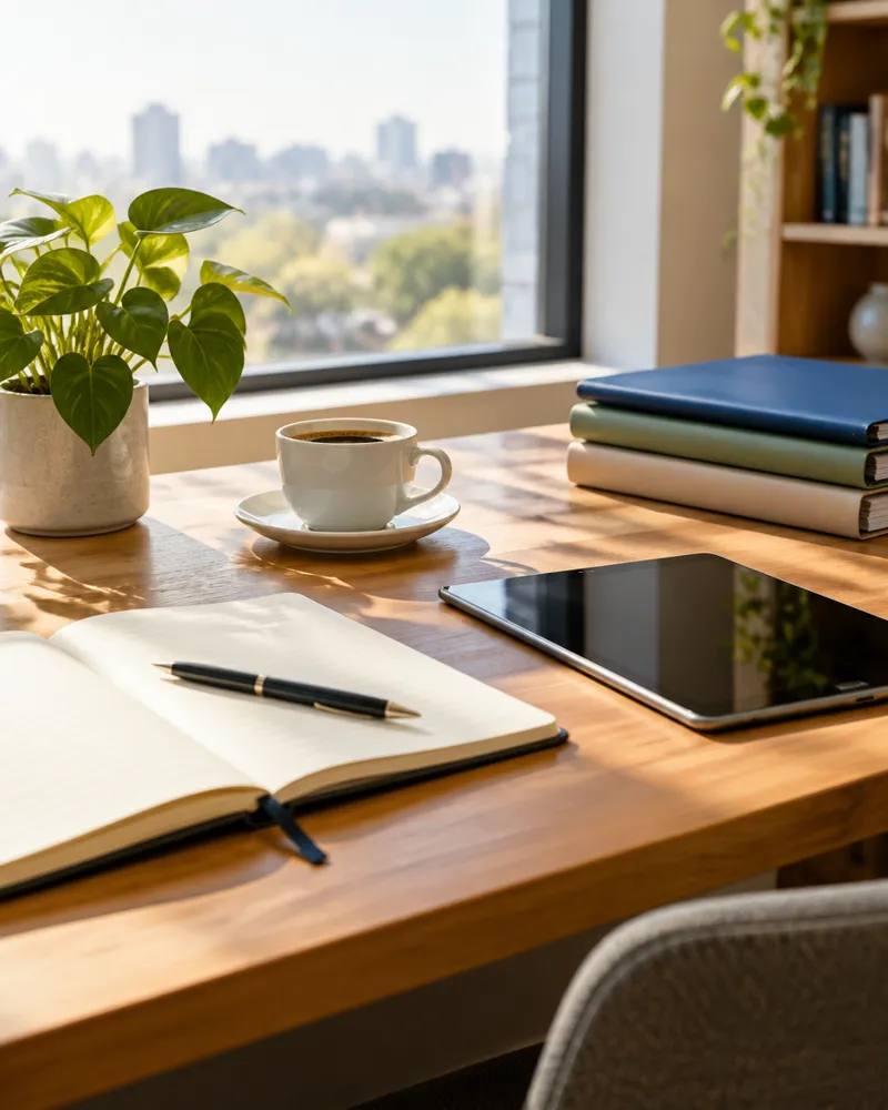 Schreibtisch mit Notizbuch, Tablet und Kaffee