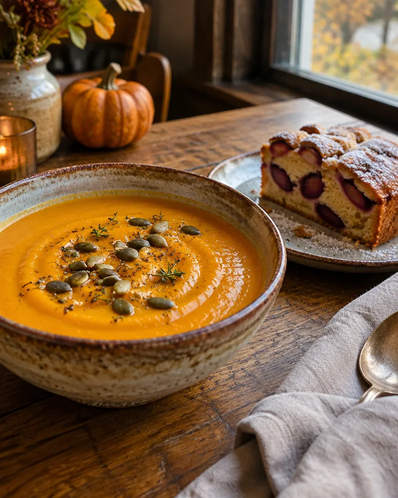 Kürbissuppe und Pflaumenkuchen auf einem Holztisch